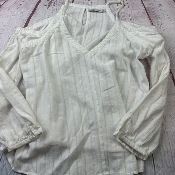 Paper Crane Shirt Womens Large White Cold Shoulder Long Sleeve Blouse Top Linen - Picture 2 of 9